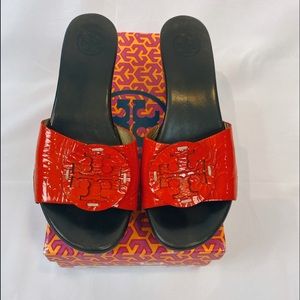 Tory Burch Patent leather wedge slides